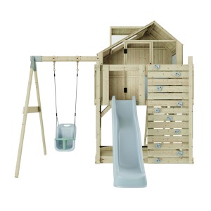 Spieltürme & Spielanlagen: Babyschaukel Eisblau mit Rutsche, Kletterwand und Spielhaus aus Holz.