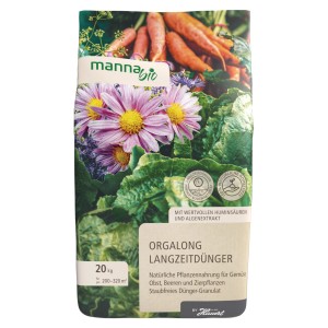 Sack Manna Bio-Langzeitdünger Orgalong 20 kg mit Gemüse- und Blumendarstellung.
