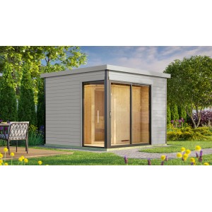 Modernes Design-Saunahaus 412 Sparset mit Ofen, hellgraue Außenwand und Glasschiebetür.