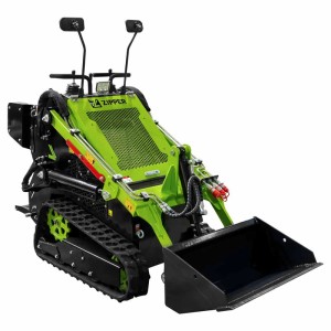 Grüner Zipper Minikompaktlader ZI-MKL620 mit schwarzer Schaufel und Kettenantrieb für Baustellen.