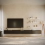 Schwarzes Selsey Bemmi TV-Hängeboard 300 cm, minimalistisch und schwebend unter einem TV in modernem Wohnzimmer.