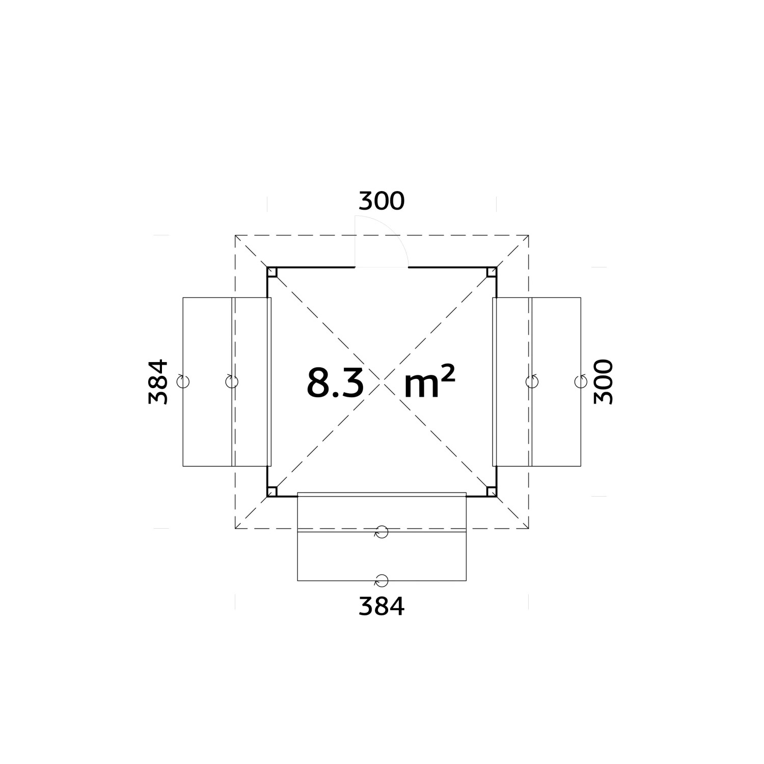 Grundriss Palmako Marktstand Bianca Set 106, 300x300 cm, mit drei Verkaufsklappen und Tür.