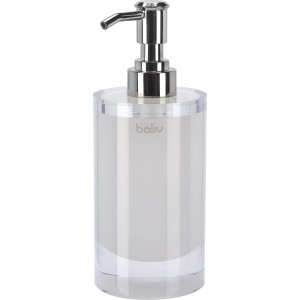 Weißer baliv Seifenspender aus Polyresin mit silberfarbenem Spenderkopf.