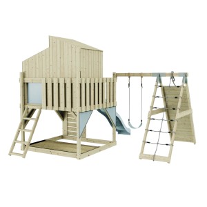 Holz-Spieltum mit Rutsche, Kletterwand und Kinderschaukel Eisblau. Ideal für den Garten.