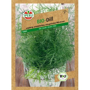 Sperli Kräuter Dill Goldkrone Samenpackung mit Dillpflanze im Topf.