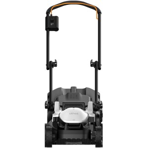 Litheli U20 Akku-Rasenmäher mit Akku, Frontansicht. Kompakter Rasenmäher für mittelgroße Gärten.