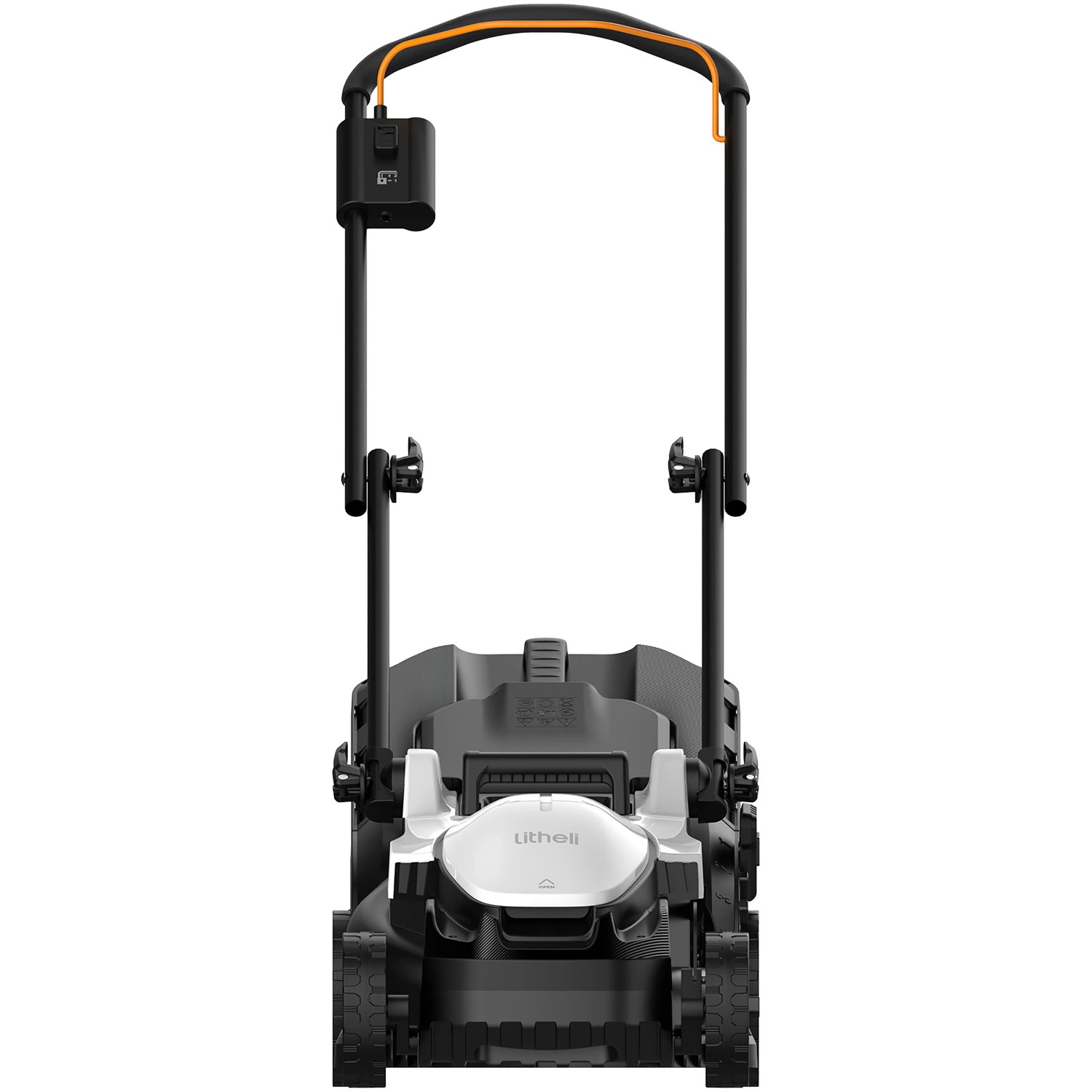 Litheli U20 Akku-Rasenmäher mit Akku, Frontansicht. Kompakter Rasenmäher für mittelgroße Gärten.