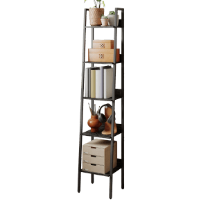 Schwarzes Songmics Leiterregal Barnet mit 5 Ebenen im Industrie-Design, befüllt mit Deko und Büchern.