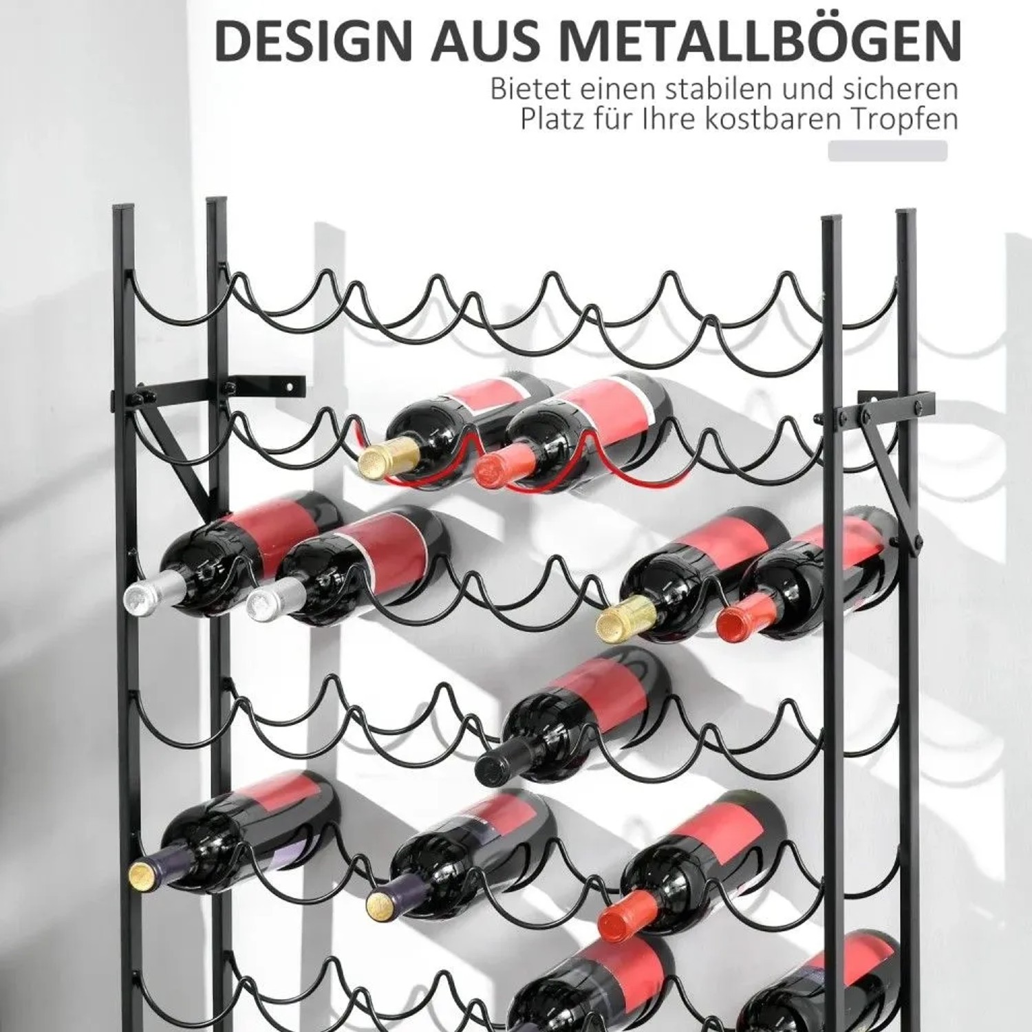 Schwarzes HOMCOM Weinregal aus Metall für 60 Flaschen, wandmontiert. Wellenförmiges Design hält Weinflaschen sicher.