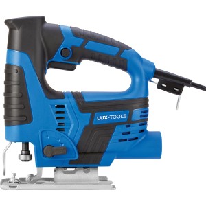 Blaue LUX Stichsäge E-STS-23 mit schwarzem Griff und Metallsägeblatt. Stichsäge für präzise Schnitte.