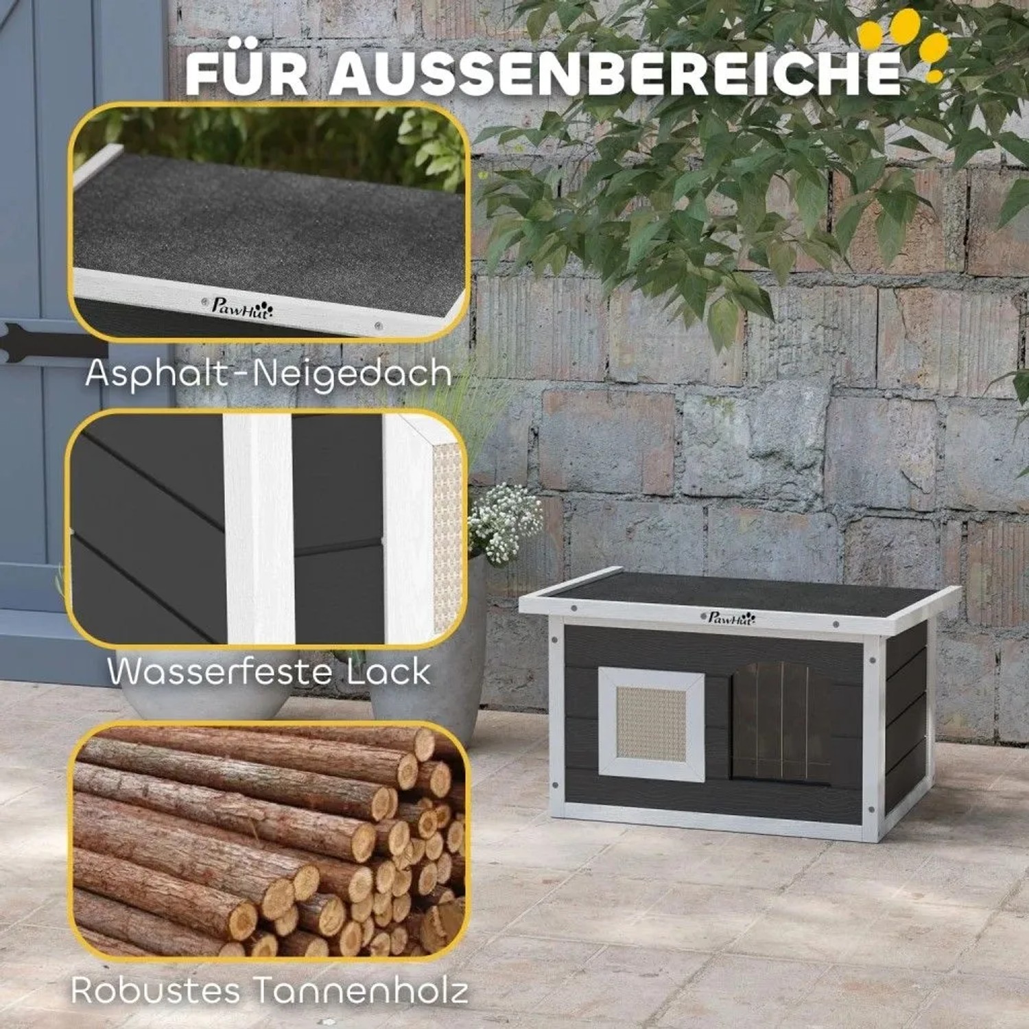 PawHut Outdoor-Katzenhaus, grau-weißes Tannenholz, mit Asphalt-Dach und wasserfester Lackierung.