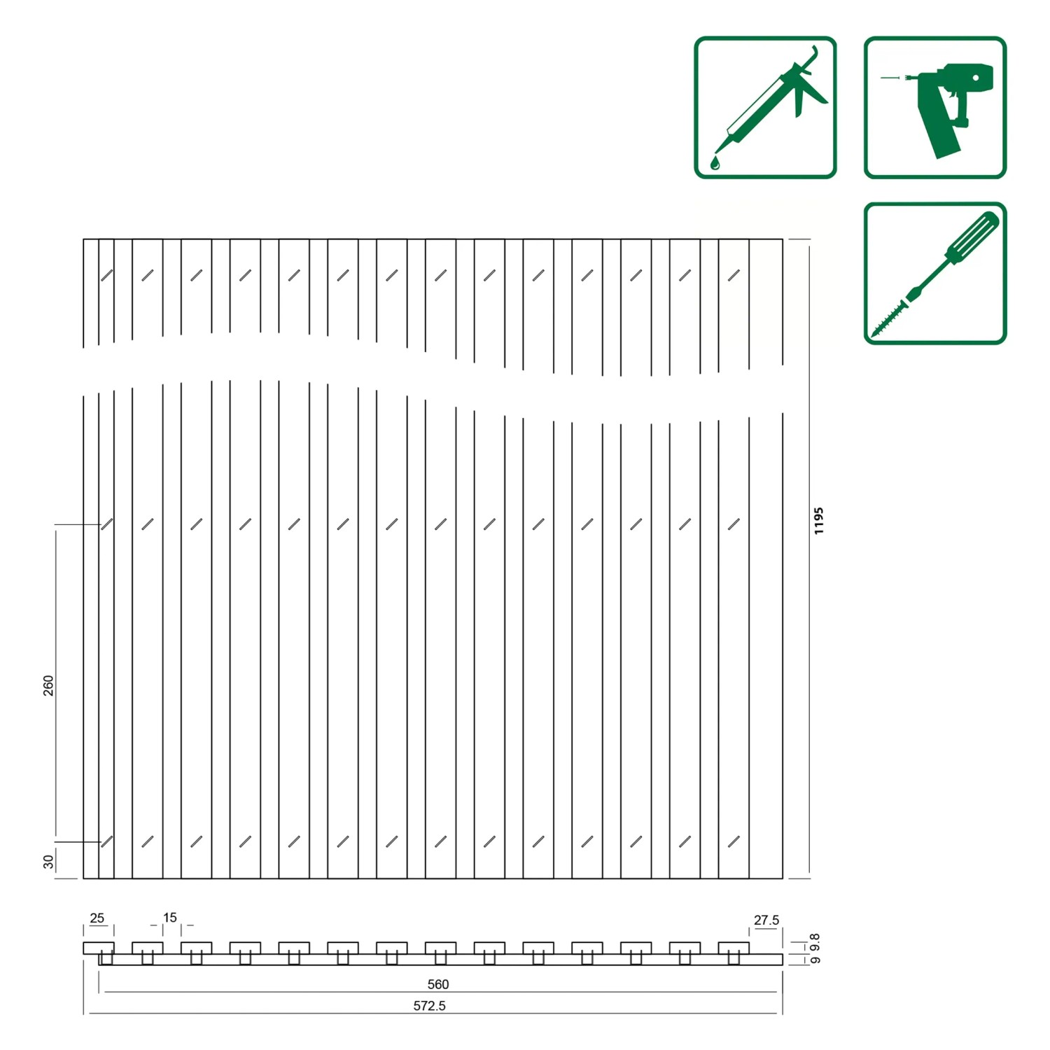 Technische Zeichnung: FN Acustico Akustikpaneel Eiche, Maße 57,25x240 cm, Montagehinweise.