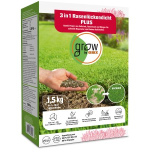 Verpackung OBI 3 in 1 Rasenlückendicht Plus 1,5 kg für die Rasenreparatur.