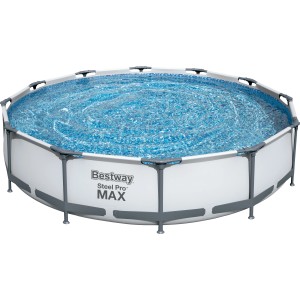 Bestway Stahlrahmen-Pool Set Steel Pro Max, Ø 366 cm, hellgrau, mit Wasser gefüllt.