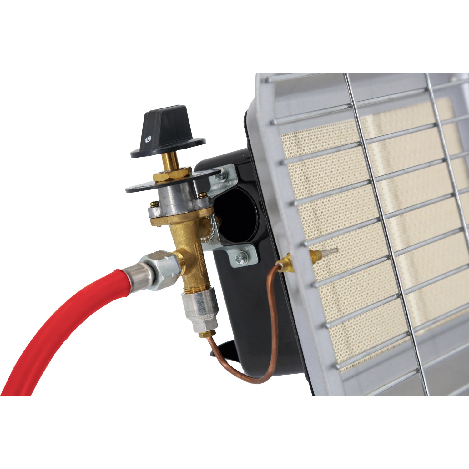 Detailaufnahme Gasheizer mit Regler, Schlauch und Heizelement. Mobiler Heizstrahler für Außen.