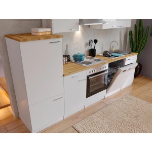 Weiße Respekta Economy Küchenzeile KB280WW (280 cm) mit Elektrogeräten und Arbeitsplatte in Nussbaumoptik.