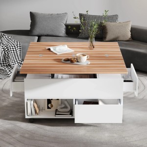 okwish Couchtisch mit Rollen Schubladen HöhenVerstellbar Stauraum 100x50x52cm Weiß Natur