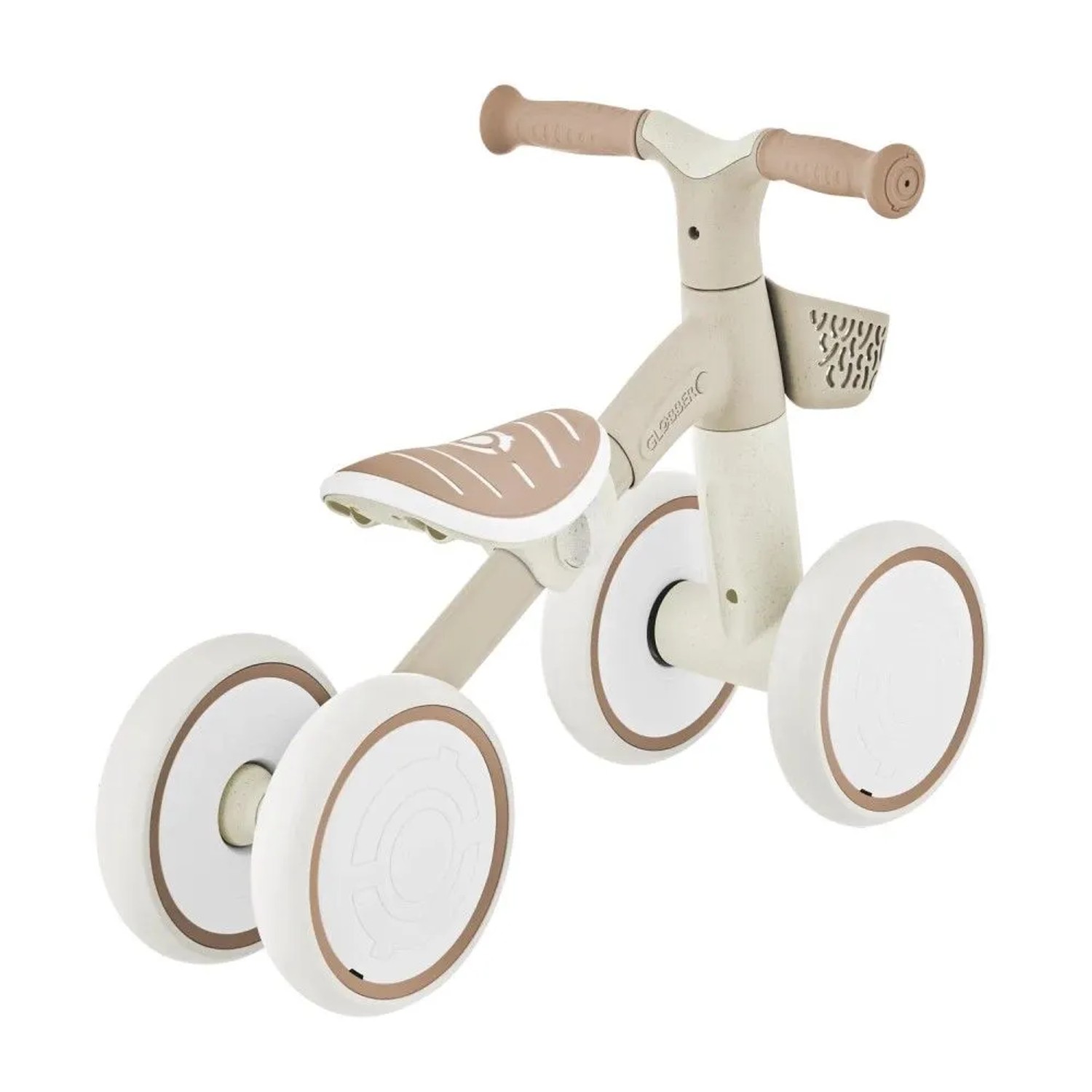 Taupe Globber Lernrad, 4-rädrig, höhenverstellbarer Sattel, Lenkerkorb. Kinder Aufsitzrad mit 7 Zoll EVA-Reifen.