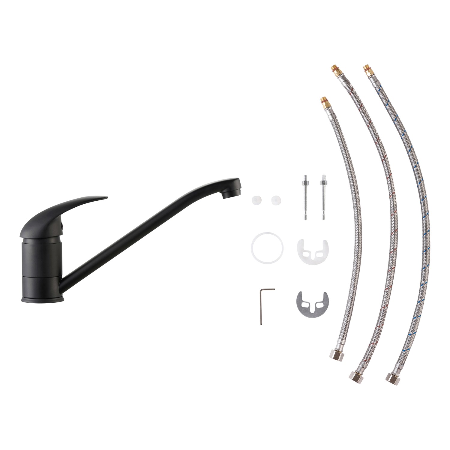 baliv Niederdruck Küchenarmatur KI-1520 N, Schwarz Matt, mit Zubehör wie Anschlussschläuche.