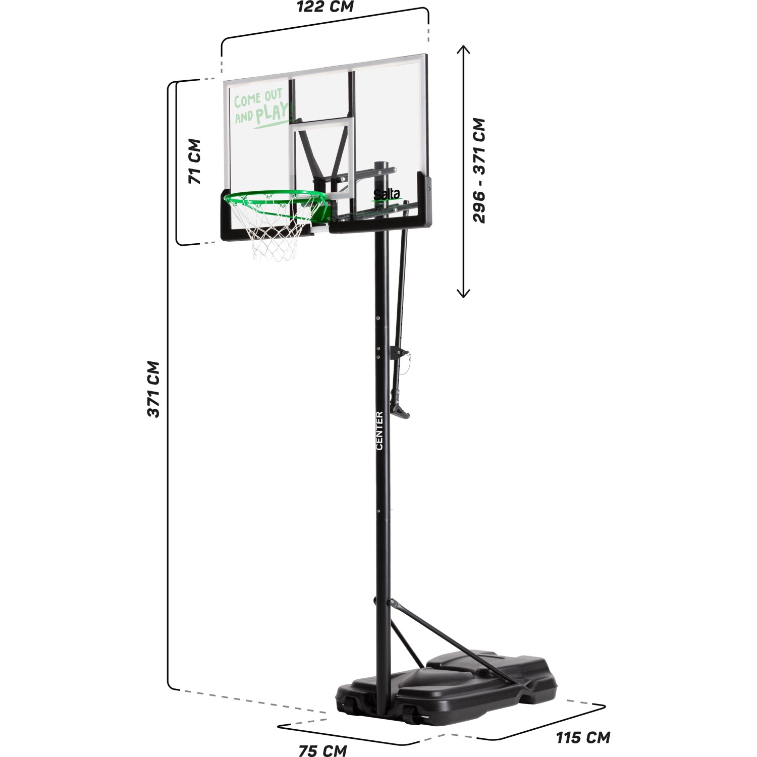 Salta Basketballständer Center, 125x371cm, mit höhenverstellbarem Korb und robustem Standfuß.