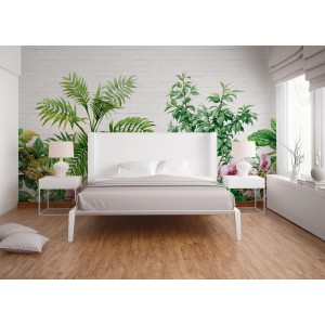 Fototapete Dschungel mit Palmen und Steinwand in Grün und Weiß im Schlafzimmer.