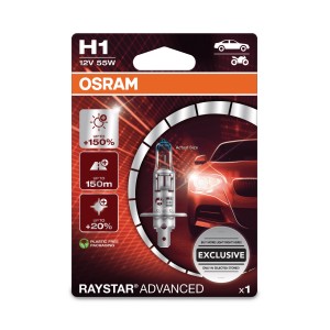 Verpackung der Osram H1 Raystar Advanced Scheinwerferlampe, 2er-Pack für Autoelektrik.