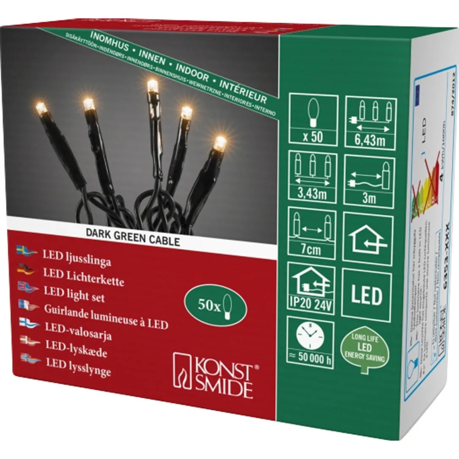 Konstsmide Micro LED Lichterkette mit 50 warmweißen LEDs und grünem Kabel für den Innenbereich.