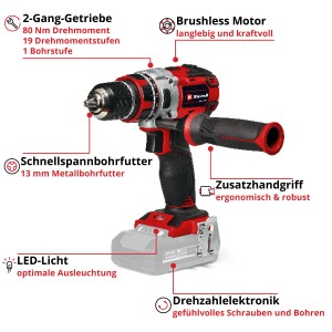 Einhell Akku-Bohrschrauber TP-CD 18/80 Li BL Solo: Akkubohrer mit Zusatzhandgriff und LED-Licht.