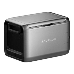 Graue Ecoflow Glacier 55 Kompressor Kühlbox mit 55L Volumen und Tragegriff für Camping und Outdoor.