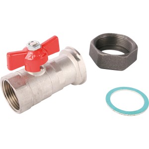 Sanitop-Wingenroth Pumpen-Kugelhahn 1 1/2 Zoll mit rotem Griff, Überwurfmutter und Dichtung.