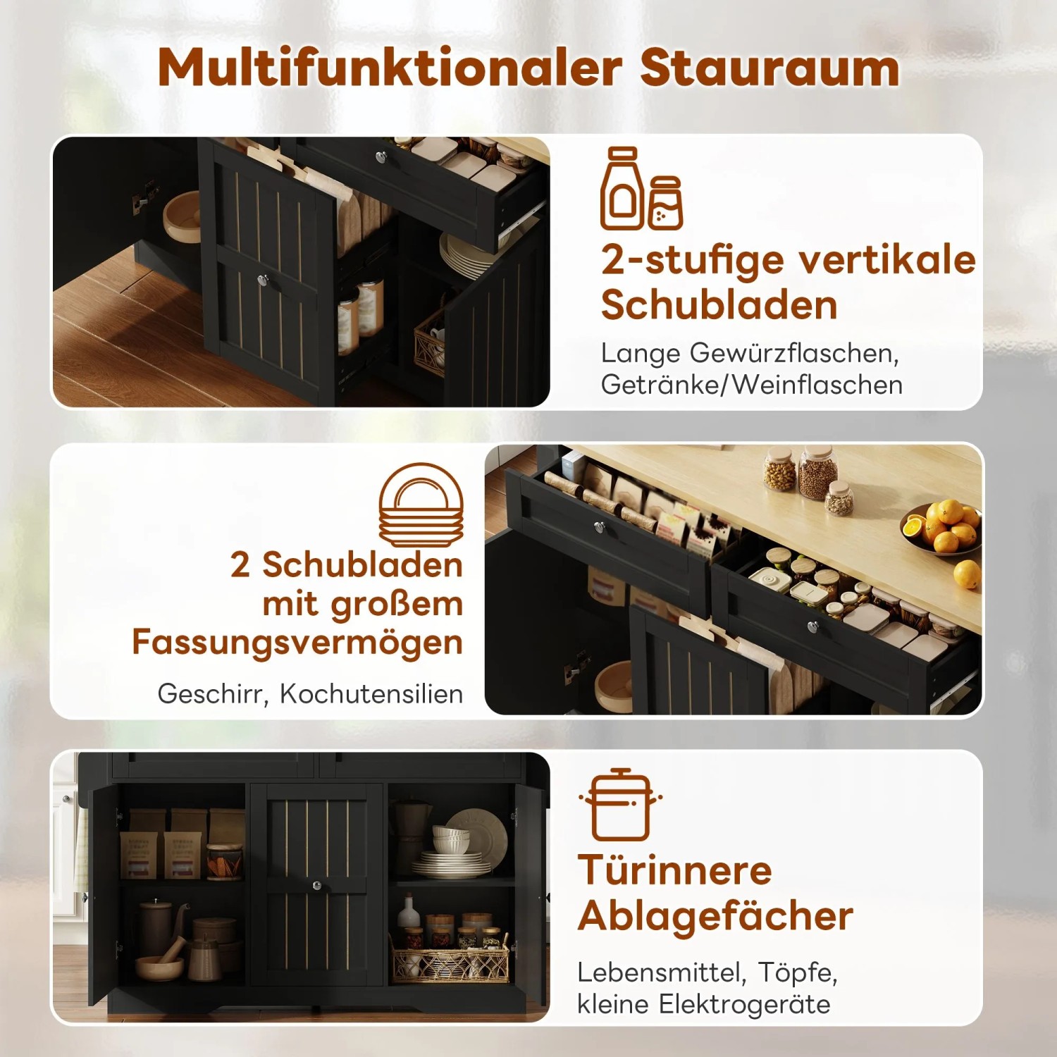Schwarze okwish Kücheninsel: vertikale Gewürzschubladen, große Besteckschubladen, Schränke. Multifunktionaler Küchenstauraum.