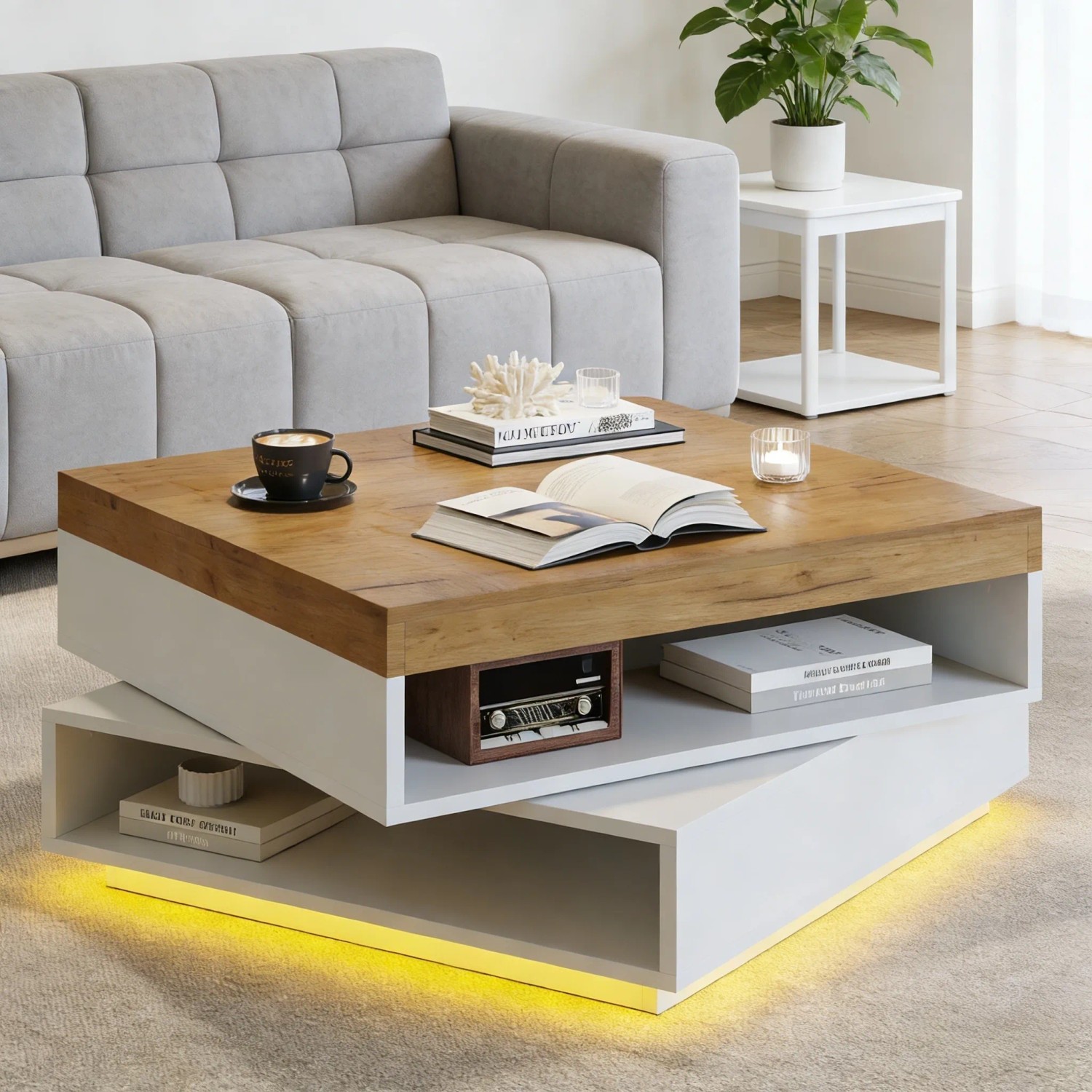 okwish Couchtisch mit LED Schubladen Drehbar 65x65x40cm Hochglanz Weiß_2