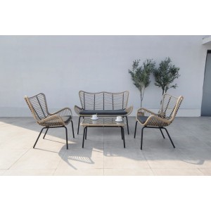 Acamp Loungegruppe Korfu, 4-teilig, Bambus-Optik mit schwarzen Polstern und Glas-Tischplatte.