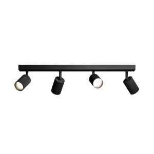 Schwarzer Philips LED-Spot Wyatt mit 4 zylindrischen, schwenkbaren Aluminiumköpfen für Wand- oder Deckenmontage.