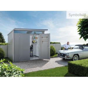 Biohort Metall-Gerätehaus AvantGarde quarzgrau-metallic, offene Doppeltür, mit Stauraum im Garten.