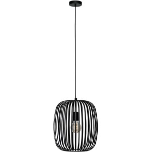 Schwarze Eglo Pendelleuchte Romazzina mit Lampenschirm aus Metallstreifen. Moderne Hängelampe für Wohnbereich.