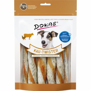 Dokas Kau-Twister Rinderhaut, Pansen & Hühnchen, 200g. Getrocknete Hunde-Natursnacks für Kauvergnügen.