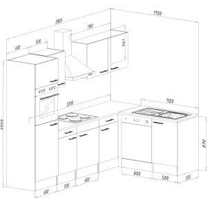 Skizze der Respekta Winkelküche 280 cm in Schwarz-Seidenglanz und Eiche-York mit Maßangaben.