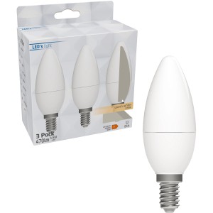 LED-Leuchtmittel E14 Kerze C35, 4,9W, 470lm, 3er-Set. Warmweißes Licht.