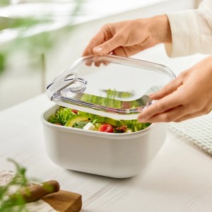 Weiße Rotho Frischhaltedose Ela 1,8 l mit Salat und transparentem Deckel. Vorratsdose für Kühlschrank.