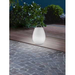 Weiße LED-Tischleuchte in Laternenform für den Garten, mit Tragegriff und Farbwechsel.