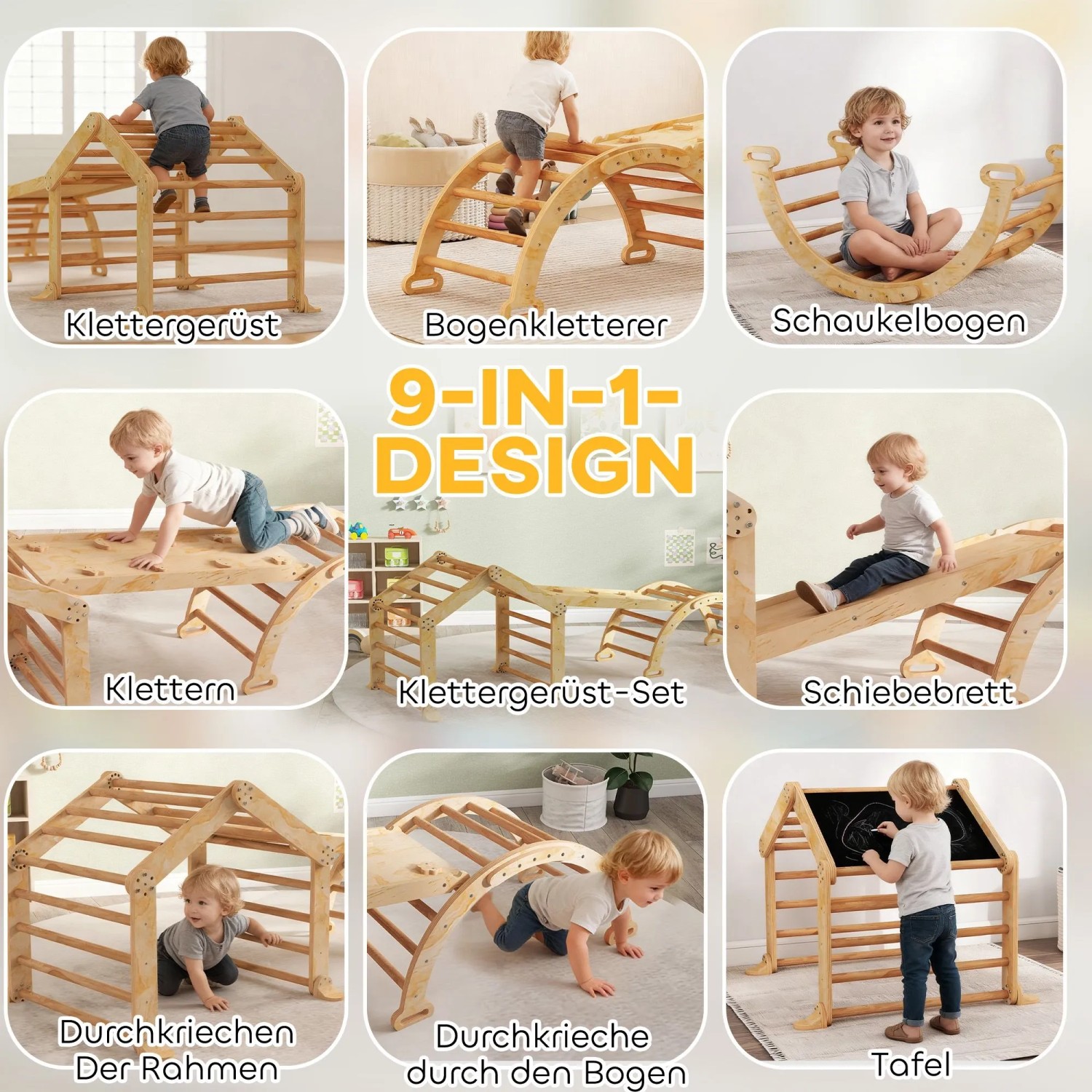 AIYAPLAY Klettergerüst Holz 9-in-1 Set mit Rutsche & Tafel. Kind klettert, rutscht und malt. Vielseitiges Spielgerät für Motorik.