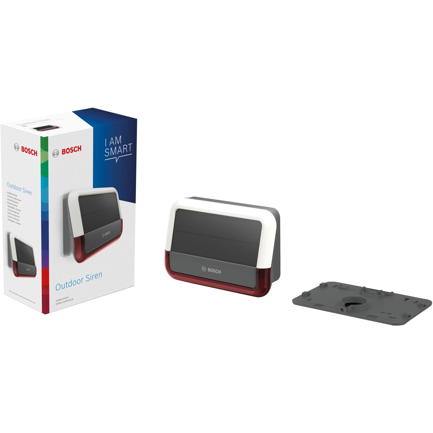 Bosch Smart Home Außensirene mit Solarpanel, Montageplatte und Produktverpackung.