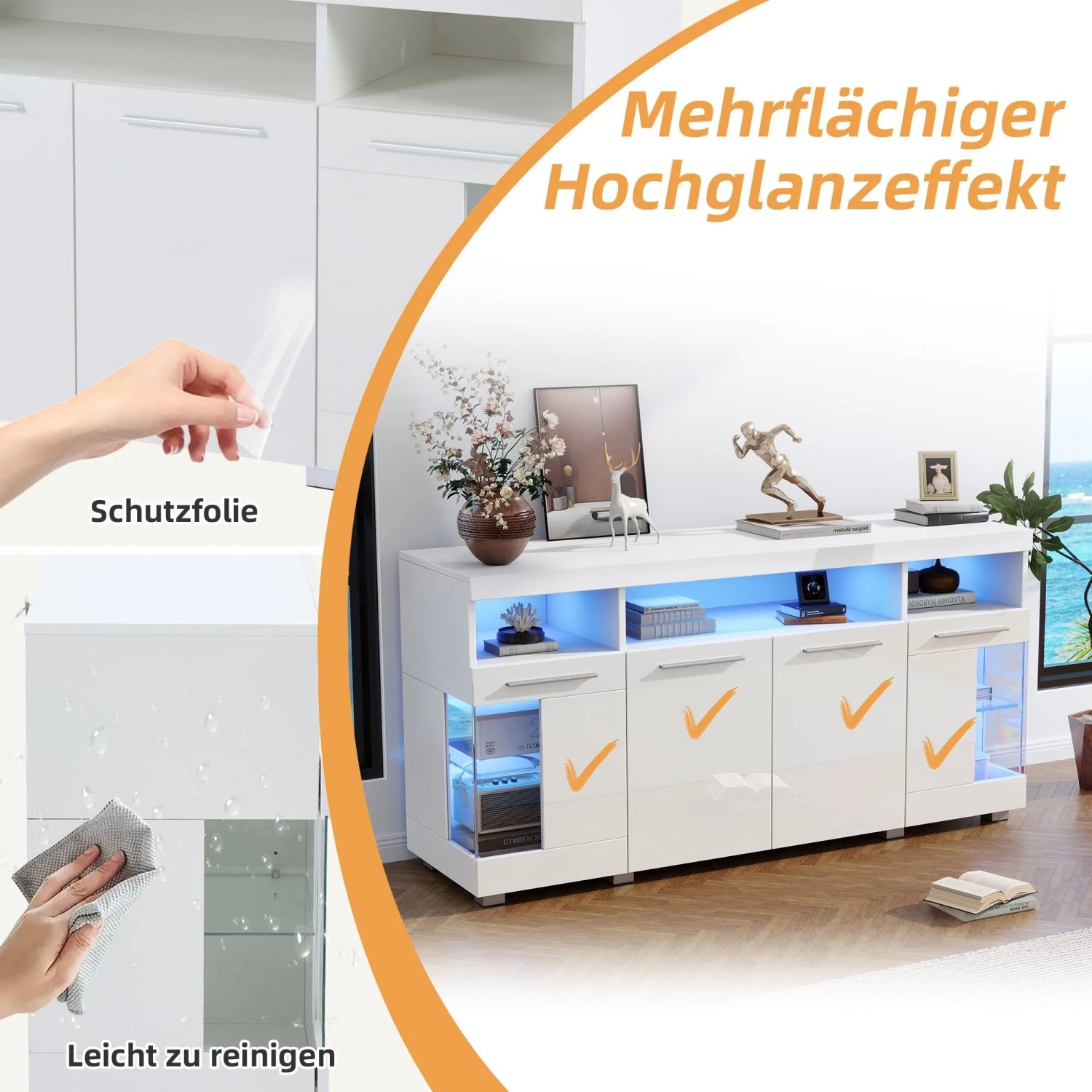okwish Sideboard mit LED Hochglanz Glasfächer Wohnzimmer 140x40x70 cm Weiß_8