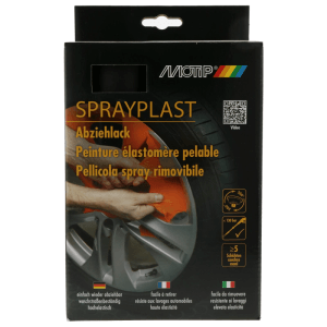Motip Sprayplast Abziehlack Schwarz Matt. Schwarze Verpackung zeigt Hand, die abziehbare Folie von Autofelge entfernt. Lackreparatur.