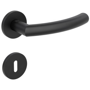Schwarze Rosettengarnitur Jupiter BB für Innentüren. Moderner Türdrücker mit runder, flacher Rosette und Schlüsselloch.