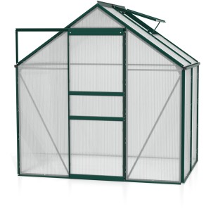 Grünes Gewächshaus Venus 2500 mit Schiebetür und Dachfenster.