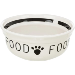 Weißer Trixie Hundenapf aus Keramik mit schwarzer Aufschrift "Food" und Pfotenabdruck.