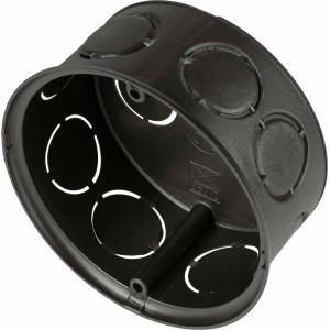 Schwarze ISO-Abzweigdose, Ø 70 mm, mit Ausbrechöffnungen für Rohre und Leitungen.