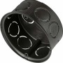 Schwarze ISO-Abzweigdose, Ø 70 mm, mit Ausbrechöffnungen für Rohre und Leitungen.
